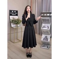 [SET VEST]áo vest dáng ngắn và váy dây dập ly dáng dài