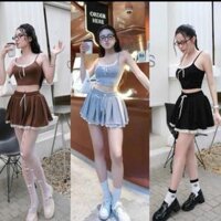 Set Viền Ren Áo Hai Dây Cổ Vuông Đính Nơ Và Chân Váy Xòe Xếp Ly - Ngắn Ôm Body Sexy.Chất Thun Tăm Lạnh A88