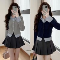 Set VIERLIN Áo Cadigan Phối Cổ Sơ Mii Kẻ 2 Lớp Chất Thun Tăm Duyên Dáng - A65