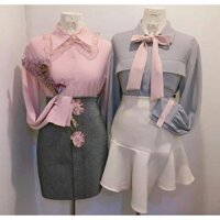 Set vintage chân váy đuôi cá nude, áo voan xanh xám phối hồng