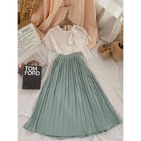 Set vintage chân váy xếp ly xanh ngọc