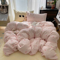 Set vỏ chăn ga cotton đũi hoạ tiết karo tim kitty cute | Mây Bedding