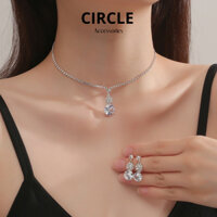 Set vòng cổ chocker kèm bông tai mặt tròn đính đá Zircon lấp lánh CIRCLE ACCESSORIES, phụ kiện trang sức dự tiệc.