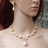 Set Vòng cổ Và Bông Tai Mạ Vàng 18K Đính Hạt Giả Kim Cương Và Ngọc Trai