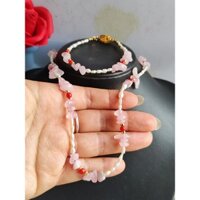 Sét vòng cổ vòng tay ngoc trai gạo mix thạch anh hồng san hô đỏ bi titan bền dây cổ dài 43 cm tay 18 cm khóa yên ngựa925