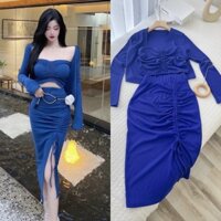 Set xanh dương 3 món áo ống croptop rút dây + khoác + chân váy ôm body xẻ đùi, bộ thời trang đi chơi dạo phố dự tiệc
