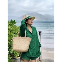 Set xanh lá đậm áo sơ mi quần short