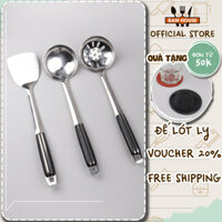 Set Xẻng đặc Vá đặc Vá lỗ inox Bam House cán nhựa đen cao cấp siêu bền SCD15 - Gia dụng bếp