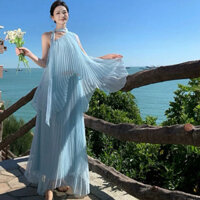 Set xếp ly áo trễ vai+chân váy mài xanh Pastel. Phù hợp đi biển . Dol