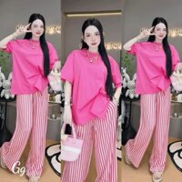 Set xịn gồm áo thun trơn form rộng phối quần dài sọc hottrend