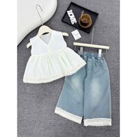 Set xinh cho bé gái 10-30kg Set áo sát nách cổ V quần bò ren Xkids