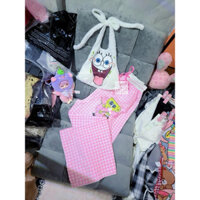 Set xuông caro hồng áo yếm hoạ tiết bọt biển loại 1