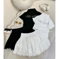 Set y phục áo phông thun cổ cao đính kèm đá và phần chân váy xoè kẹp ren