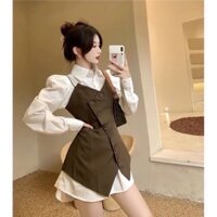 Set yếm 2 dây cài nút kèm áo sơ mi form dài phong cách đường phố mùa hè mát mẻ ( có quần trong )