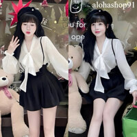 Set yếm Áo Sơ Mi Lụa Thái Bèo Thắt Nơ Tay Dài + Quần Yếm Đùi Lưng Chun Chất Cotton Lạnh, set váy xinh alohashop91