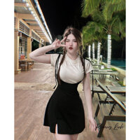 Set yem áo thun trắng phối đầm cột dây xẻ nhẹ. Có sẵn