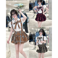 Sét yếm bí bố caro, áo sơmi lụa kèm dây nơ cột ( 38 - 56kg )