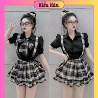 Set Yếm Caro Xanh Đen Dáng Ngắn Xoè Viền Bèo + Áo Dơ Mi Tay Phồng Ngắn + Nơ Caro