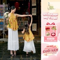 Set Yếm Cho Bé Gái Như Ý Lụa Latin Pháp - Áo Cổ Yếm Nữ Đồ Đôi Mẹ Và Bé Gái Chân Váy Tơ Mềm Nhà Lụa Kids