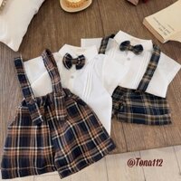 Set Yếm Công Tử Quần Caro Áo Sơ Mi Cộc Tay Chất Thô Hàn Kèm Nơ Set Yếm Cho Bé Trai Từ 5-15kg TN112 C32