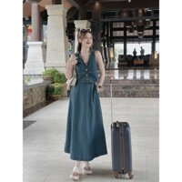 Set yếm Jean dài phong cách Hàn sang chảnh cực xinh khi nàng dạo phố đi chơi , Set Jean QC áo 2 dây mix chân váy dài