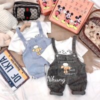 Set yếm jean phối áo cotton tàu cho bé trai bé gái size 8-20 kg