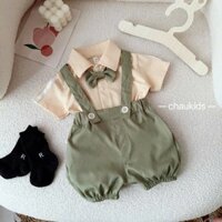 Set Yếm Kaki Kèm Áo Quần Cho Bé Trai Áo Liền Quần Bodysuit Cho Trẻ Sơ Sinh