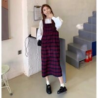 Set yếm kẻ caro kèm áo sơ mi Retro phong cách Hàn Quốc dành cho nữ