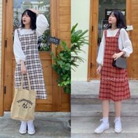 Set yếm kẻ ulzzang + áo voan tay bồng, Set váy caro ullzang - Dorita Boutique 💝