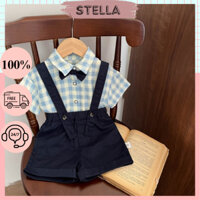 Set yếm kèm áo sơ mi caro đính nơ cho bé trai 6-13kg. Set công tử thôi nôi bé trai. Stella Shop