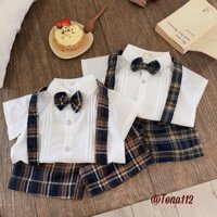 Set Yếm Quần Caro Áo Sơ Mi Cộc Tay Chất Thô Hàn Kèm Nơ Set Yếm Cho Bé Trai Từ 5-15kg TN112 C32