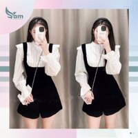 Set yếm quần nhung xinh xắn phối áo sơ mi dài tay bèo siêu xinh dành cho các nàng yêu diện đi chơi AT172