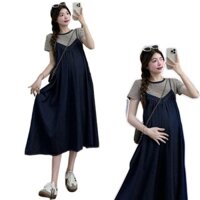 Sét yếm suông đầm bầu MAMADRESS HAI CHI TIẾT ÁO KẺ KÈM YẾM BÒ xinh xắn mềm mại tiện lợi thoáng mát SY3