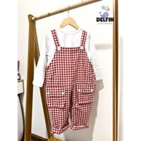 Sét yếm tay dài bé gái, bé trai cá tính Delfinkids, sét yếm caro form rộng kèm áo tay dài tặng kèm áo ba lỗ fỏm ôm
