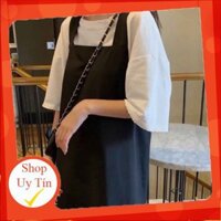 SET YẾM VÁY KAKI DÁNG THỤNG ULLAZANG - YẾM DÀI HÀN QUỐC MIX ÁO PHÔNG TAY LỠ TRẮNG -(Sắn) [ Có sẵn ]