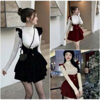 Sét yếm váy thiết kế tiểu thư mặc chụp tết siêu sang chảnh sét áo gân lạnh dài tay phối yếm váy nhung cánh tiên nút eo