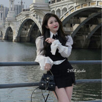 [SET33] [SẴN HÀNG] Set áo sơ mi tiểu thư tay bèo kèm gile và chân váy xẻ .