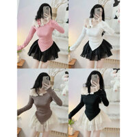 (Sét)Áo LỆCH VAI nhúng dây NƠ tay dài + Chân váy VOAN TẦNG XOÈ UN đai thun hình thật đi chơi văn nghệ đi làm - Thiên Yết
