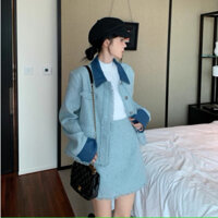 Set/Bộ Áo Khoác Xanh Dài Tay Cổ Chữ V Kèm Chân Váy Chữ A Dáng Ngắn Năng Động - Sốp Nhỏ Order - 401