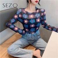 Sezo Của Phụ Nữ Lưới Mùa Hè Đáy Mỏng Mỏng Xuân Ya Hoa Tai Hoa Dài Tay Áo Chống Nắng T-Shirt Top LazadaMall