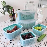 (SG) Combo 5 Hộp Nhựa Kèm Rổ Đựng Thực Phẩm Có Nắp Đậy Tiện Lợi - Bộ 5 Hộp Dự Trữ Thức Ăn Để Tủ Lạnh Nhiều Kích Cỡ 2 Lớp