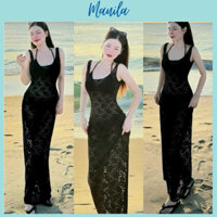 (SG Hỏa tốc)Set bộ bikini 3 món mặc đi biển quần + áo bra + áo ngoài body ren maxi màu đen tôn dáng MANILA