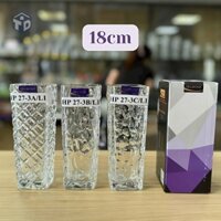 SG: Lọ Hoa Thủy Tinh Trắng Hình Trụ Vuông Họa Tiết 18CM - Ko Bao Bể VC (T24) - (Cái)