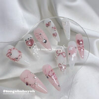 SH Nailbox Design - Nail box Handmade Design tráng gương hồng - Nail box vẽ nơ đính đá- Móng tay giả