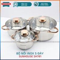 [SH781 SUNHOUSE] Bộ 3 nồi Inox 5 đáy quai Gold FULLBOX