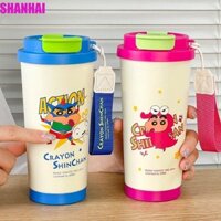 Shanhai Crayon Shin Chan Thermos Cup, Tấm lót gốm có ống hút Bình giữ nhiệt cà phê, Bình nước chân không chống rò rỉ Bình chân không cách nhiệt di động chịu nhiệt Thể thao ngoài trời