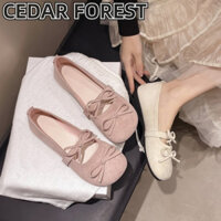 Shanmusenlin✨ Pháp Mary Jane Giày Nữ Da Lộn Nông Miệng Tròn Mũi Nơ Ballet Dép