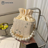 Shi CHEN Túi xách ngọc trai Dây chuyền thời trang Túi vuông nhỏ đeo vai Túi xô bện