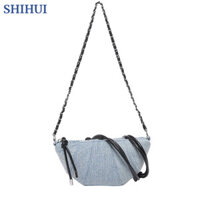 Shihui Túi đeo vai nữ nhẹ nhàng sang trọng giá trị cao thời trang denim phong cách nước ngoài túi bánh sừng bò
