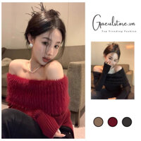 Ship Hoả Tốc- áo len trễ vai pha lông xẻ vạt 2 bên sườn dáng áo dài